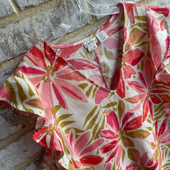 Nicole Miller 100% Linen Short Ruffle Sleeve V-Neck Floral Dress Women's Size XL - Picture 4 of 7